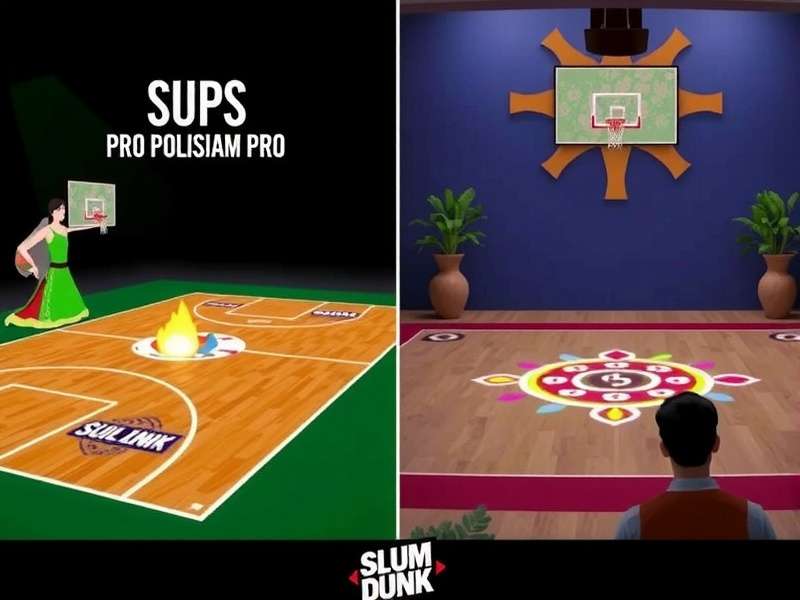Slum Dunk Pro Regional Customization Slum Dunk Pro regional customization showing a Punjabi court with phulkari patterns and a Tamil court with kolam designs