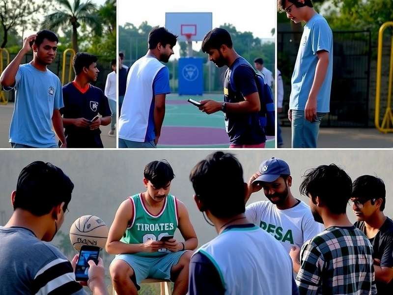 Slum Dunk Pro Community Meetup Slum Dunk Pro community meetup in Mumbai showing players gathered with mobile devices and a real basketball court in the background